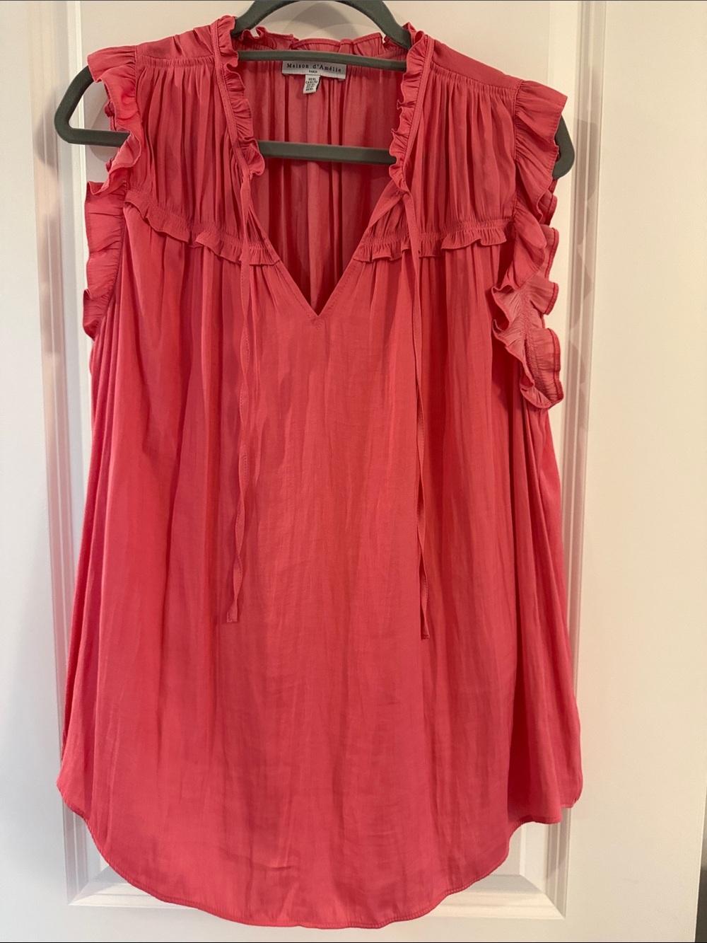 Maison d’Amelie Coral Pink Ruffle-Trim V-Neck Sleeveless Top